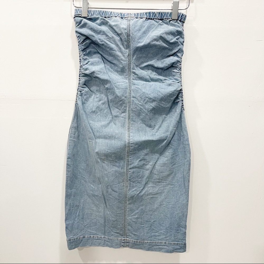 Theory Vintage Denim Strapless Dress Ruched Knee Length Size 2